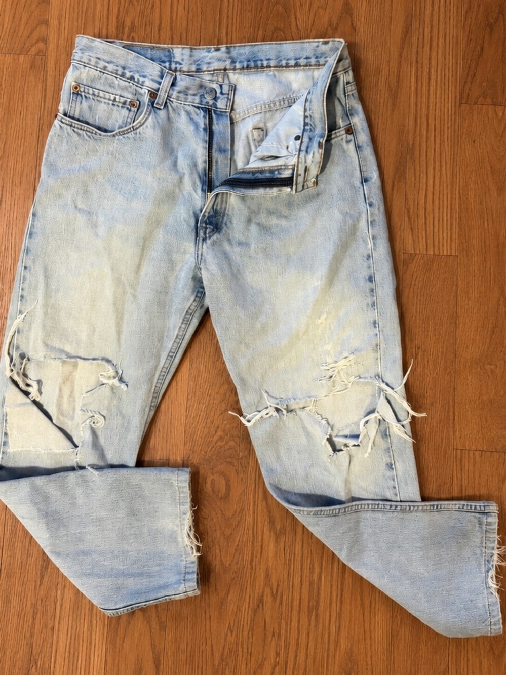 LEVIS 505 DISTRESSED UNISEX WIDE LEG LIGHT WASH JEANS VINTAGE BAGGY MID RISE